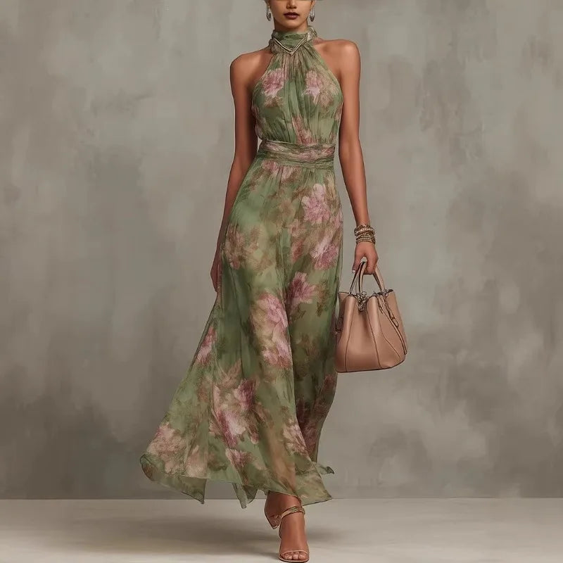 Elegant Ruched Mesh Printed Irregular Split Sexy Cami Maxi Dress Sleeveless Halter Neck Chiffon Flowy Evening Party Dresses