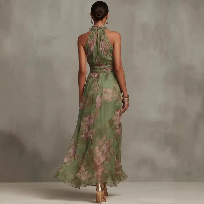 Elegant Ruched Mesh Printed Irregular Split Sexy Cami Maxi Dress Sleeveless Halter Neck Chiffon Flowy Evening Party Dresses