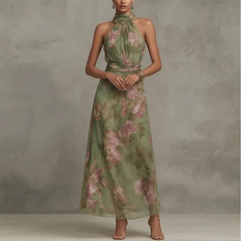 Elegant Ruched Mesh Printed Irregular Split Sexy Cami Maxi Dress Sleeveless Halter Neck Chiffon Flowy Evening Party Dresses